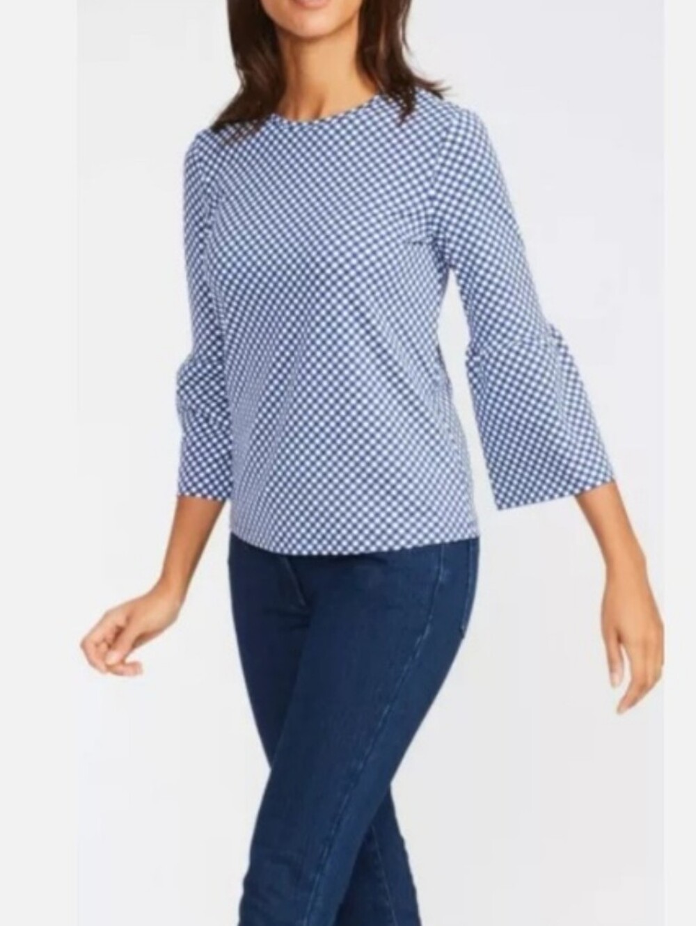 J. McLaughlin Kyla Navy Blue White Gingham Bell Sleeve Top Catalina Cloth Large